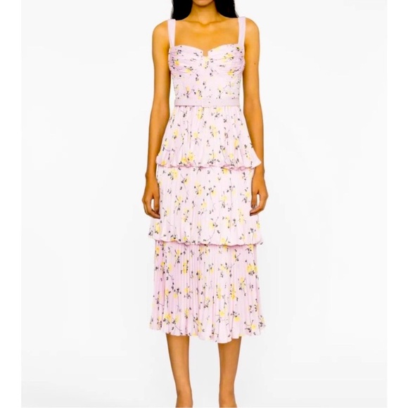 NWT Self Portrait Pink Floral Print Tiered Midi Dress - Picture 1 of 13